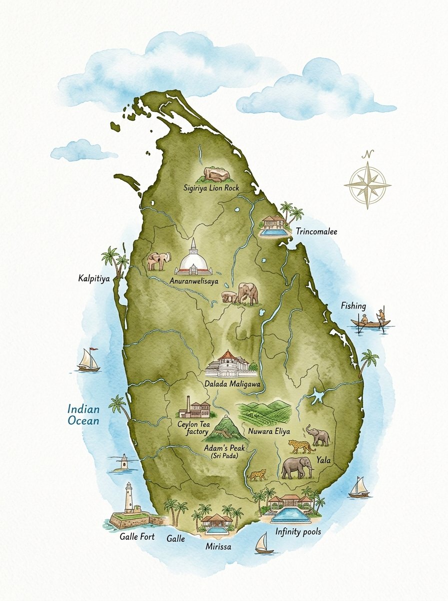 Watercolor Sri Lanka Map - Happy Guest House Jaffna